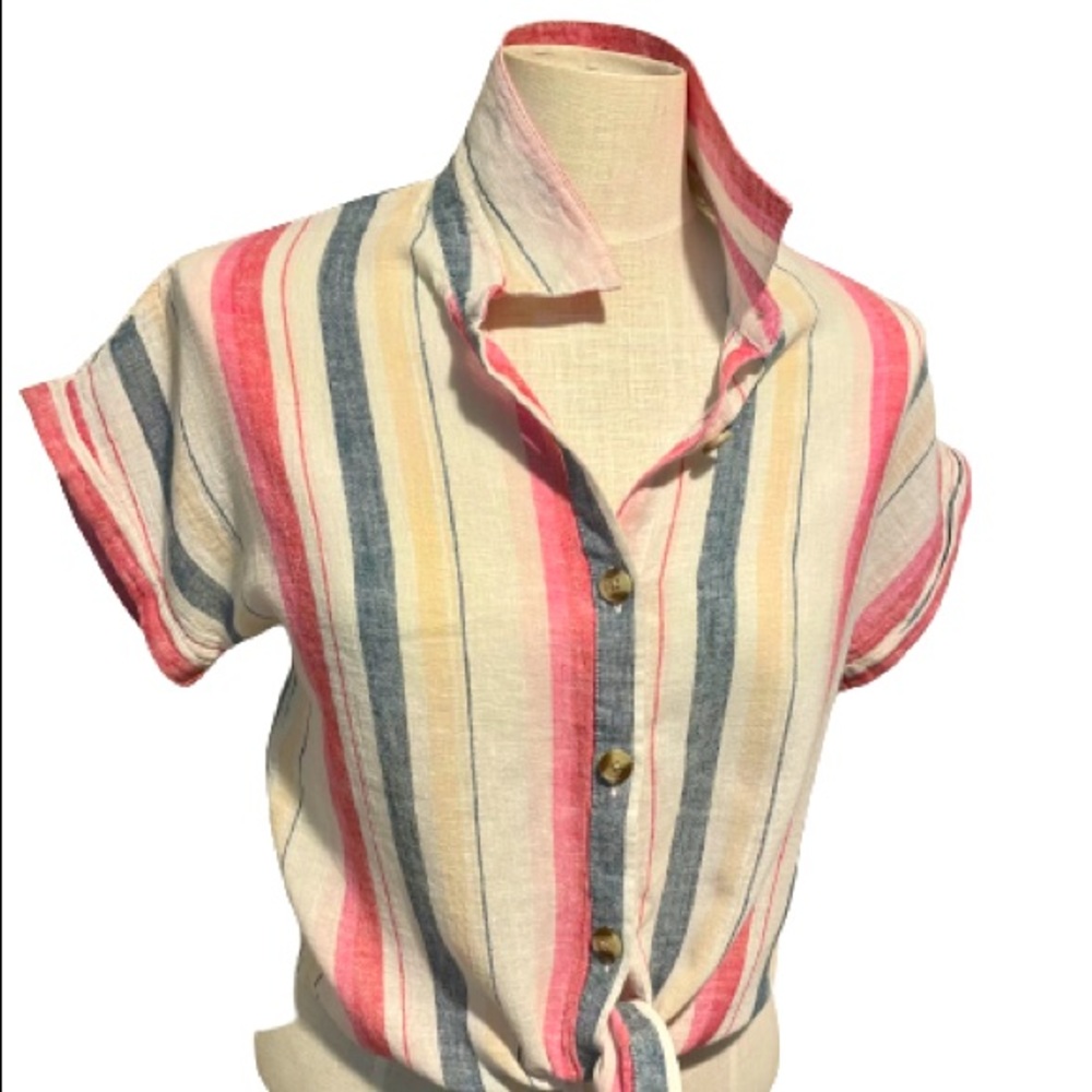 Striped sleeveless button down linen top, linen, size small